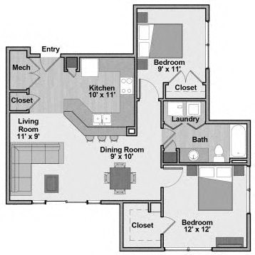 Connections at 6th - Unit Type B2 Floorplan - 2 bed/1 bath